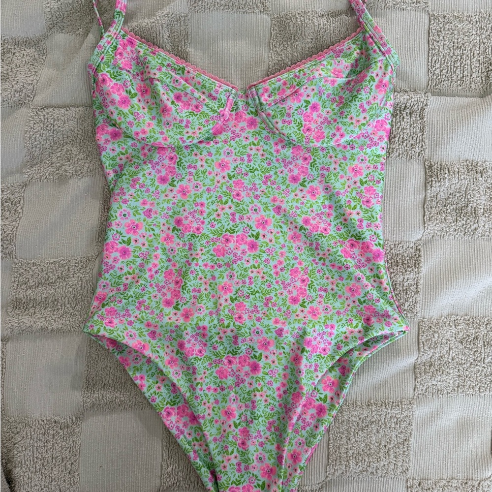 Kulani Kinis Pink and Green Floral One-Piece Swimsuit NWOT